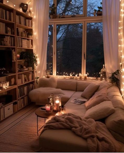 High Ceiling Decorating Apartment, Mini Hangout Room, Readers Living Room, Candle Lit Living Room Aesthetic, Living Rooms With Bookshelves, Asthetic Houses Interior Living Room, Kimberly Core Aesthetic, Calm Room Ideas Bedrooms, Aesthetic Houses Interiors