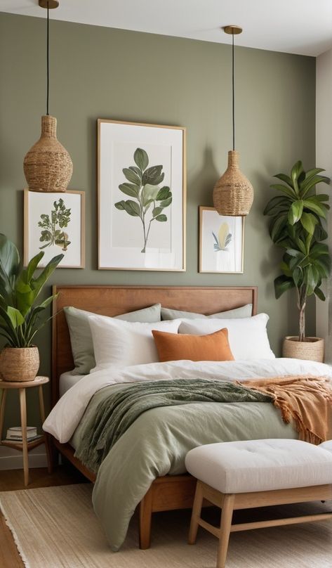 Simple Bedroom Remodel, Boho Bedroom With Green Bedding, Earthy Rooms Aesthetic, Neutral Bedroom Earth Tones, Natural Tone Bedroom Ideas, Green Wall Black Bed, Sage Sheets Bedroom, Green Toned Bedroom, Green Guest Room Ideas