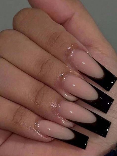 Black Press On Nails Ideas, Black Acrylic Nails Ideas Square, Light Black Nails, Gel X Black Nails, Black Nails Acrylic French Tips, Nails With Dangle Charms, Basic Y2k Nails, Ig Baddie Nails, Black Latina Nails