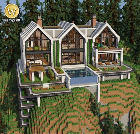 Minecraft Cliffside, Minecraft Cliffside House, Minecraft Modern Mansion, Big Minecraft Houses, Cliffside House, Home Survival, Villa Minecraft, Minecraft Modern City, Modern Minecraft