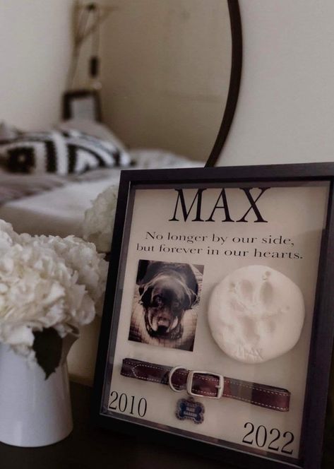 pet memorial shadowbox#petmemorialgift #pettribute #petloss #petremembrance #petangel Dog Bowl Remembrance, Shadow Box For Pets Memorial, Memory Box For Dog, Shadow Box For Lost Pet, Dog Toy Memorial, Ways To Display Keepsakes, Dog Memorial Box Ideas, Paw Print Shadow Box Ideas, Dog Shadow Box Pet Memorials Diy