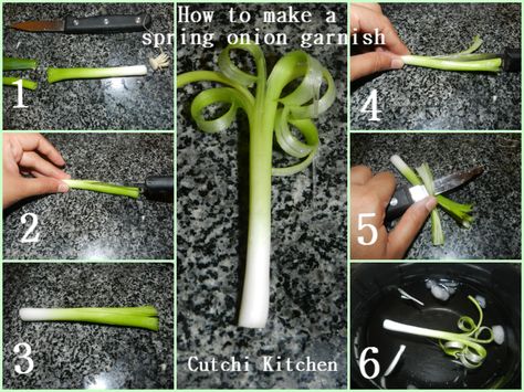 How to make a spring onion garnish - Remove the root and keeping about 2 inches of the green stem of the spring onion - remove the remaining. Cut the green section in half making sure you only cut about an inch. Repeat again, making sure you have got 4 equal sections. Using the blunt edge of the knife, make curls and then plunge in a bowl of water with ice cubes for about 5 minutes. The spring onion garnish is ready to use. Angel Photoshoot, River Restaurant, Onion Leeks, Growing Onions, Vegetable Carving, Food Carving, Food Garnishes, Food Display, Party Foods