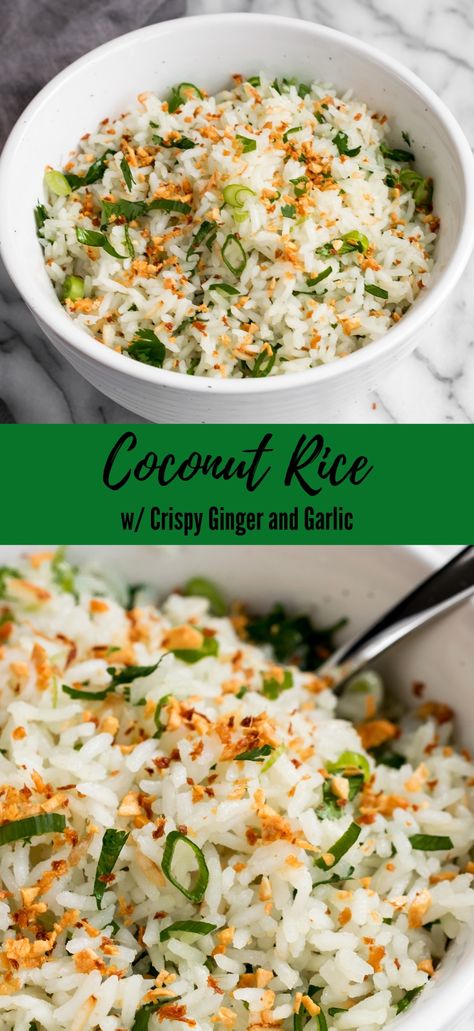 Coconut Rice with Crispy Ginger and Garlic – Cooks and Kid Asian Coconut Rice, Coconut Garlic Rice, Ginger Garlic Rice, Garlic Ginger Rice, Coconut Ginger Rice Recipe, Coconut Savory Recipes, What To Eat With Coconut Rice, Coconut Rice Dinner, Sticky Coconut Chicken And Rice