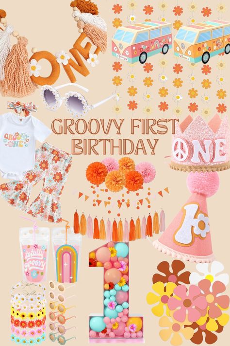 Groovy first birthday, baby's first birthday, birthday party decor, two groovy, groovy first birthday party decor, flower power, flower party decor, first birthday accessories, first birthday party favors, first birthday party hat, groovy girl birthday #babiesandtoddlers #firstbirthday #1stbirthday Groovy First Birthday Party, Groovy Party Theme, Groovy First Birthday, First Birthday Ideas, First Birthday Party Favor, Theme First Birthday, Groovy Party, One Year Birthday, Kids Birthday Themes