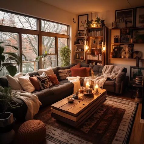 Living Room Inspiration L Shape Couch, Brown Room Interior Design, Home Decor Brown Tones, Living Room Natural Colors Earth Tones, Cozy Luxury Homes, Earth Tone House Interior, Aesthetic Lighting Living Room, Cozy Creative Space, Cozy Lights Living Room