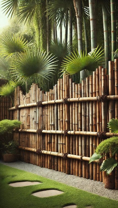 15 Charming Rustic Fence Ideas to Enhance Your Garden 33 Rustic Fence Ideas, Unique Fences, Garden Fencing Ideas, Unique Fence Ideas, Bamboo Privacy Fence, Garden Decorations Outdoor, Bamboo Garden Fences, Bamboo Ideas, Fences Ideas