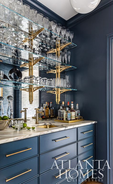 Bon Maison - Atlanta Homes and Lifestyles Home Bar With Stools, Bar In House Ideas, Bistro Shelves, Moody Bar, Bar Closet, Bar Backsplash, Bistro Shelving, Glam Bar, Champagne Room