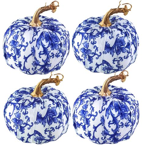 PRICES MAY VARY. Quantity: Package includes 4 pcs beautiful blue and white fabric pumpkins with chinoiserie-style patterns. Chinoiserie is an all-time classic which will be a simple yet classy way to bring some style to your home decor. These chic chinoiserie pumpkins look stunning as a set, but also make a statement when incorporated within your fall decor. Classic and filled with gorgeous color, these decorative pumpkins will add rustic elegance to your fall, Halloween or Thanksgiving decor. C Blue And White Fall Decor, Chinoiserie Pumpkins, Farmhouse Thanksgiving, Fall Wedding Tables, Chinoiserie Blue, Blue And White Chinoiserie, Foam Pumpkins, Blue And White Fabric, Pumpkin Fall Decor