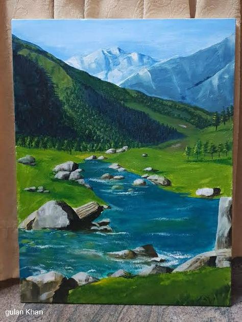 Kashmir Painting Art, Indian Scenery Painting, Acrylic Scenery Painting Ideas, Canvas Painting Ideas Scenery, Kashmir Drawing, Nature Paintings Acrylic Easy, Kashmir Painting, Earth Acrylic Painting, Kashmir Landscape