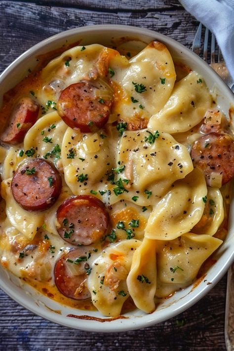 Crockpot Pierogi Casserole with Kielbasa - That Oven Feelin Crockpot Pierogi Casserole, Pierogi Casserole With Kielbasa, Crockpot Foods, Pierogi Casserole, Kielbasa Recipes, Kielbasa, Recipes Crockpot, Crockpot Recipes Slow Cooker, Food Blogs