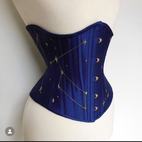 Metallic Blue Aesthetic, Moondrop Costume, Space Corset, Celestial Corset, Black And Gold Outfit Ideas, Blue And Gold Outfits, Blue Underbust Corset, Dark Blue Corset, Moon Corset