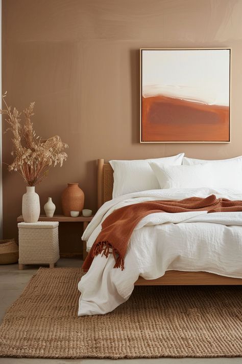 15 Tips for Creating a Terracotta and Sage Bedroom: Embrace Warmth and Tranquility – Everyday Inspo Rust Wall Color Bedroom, Bedroom Design Terracotta, Terracotta Color Bedroom, Sand Colour Bedroom, Clay Color Bedroom, Terracotta And White Bedroom, Clay Colored Bedroom, Sand Color Bedroom, Terracotta Accent Wall Bedroom