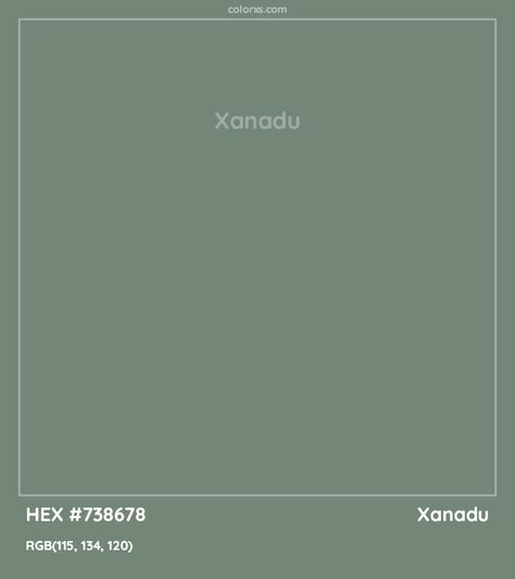 HEX #738678 Xanadu Color - Color Code How Pinterest Sees Me Color, Xanadu Color, Aesthetic Color Hex Code, Xanadu Green, Green Colour Palette With Hex Codes, Xanadu Aesthetic, Light Green Color Palette, Green Color Hex Code, Pantone Green Shades