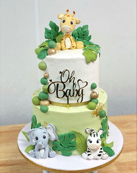 Jungle Baby Shower Cake, Animal Baby Shower Cake, Milestone Ideas, Safari Baby Shower Cake, Edible Leaves, Jungle Cakes, Wild Baby Shower, Painting Grass, Jungle Theme Cakes