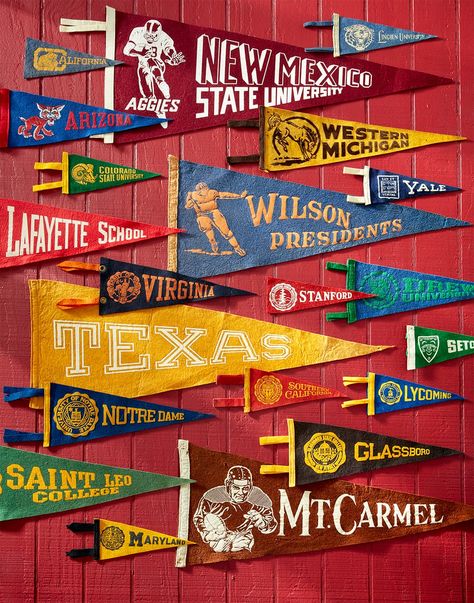 Vintage College Pennants, College Merch Ideas, Vintage College Aesthetic, Simple Graduation Party Ideas, Pennant Display, College Graphic Design, Simple Graduation Party, Sports Pennants, On To The Next Chapter