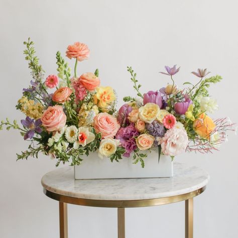 Rectangle Flower Arrangement, Long And Low Arrangement, Table Floral Arrangements, Table Flower Arrangements, Spring Flower Arrangements, Flower Arrangement Designs, Flower Arrangements Simple, Bloom Baby, Flower Inspiration