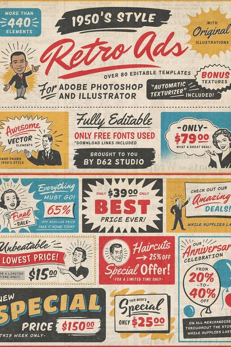 Retro style 1950s ad templates for your website, blog or print. Choose from a variety of styles and layouts to create a stunning vintage. #VintageFonts #FreeFonts #RetroDesign #Typography #GraphicDesign 1940s Posters Vintage Ads, Vintage Ad Posters Retro Ads, 1950 Poster Design, Vintage Ad Posters, Vintage Ad Illustration, Retro Advertising 1950s Illustrations, 1950s Packaging Design, Vintage Style Graphic Design, 50s Posters Vintage Ads