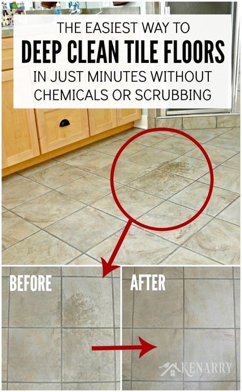 Wow! I love this easy idea for how to clean tile floors quickly and easily. Who knew you could get ceramic tiles deeply clean without chemicals or scrubbing on your hands and knees? Cleaning Tile Floors With Vinegar, Scrubbing Floors By Hand, Clean Tile Grout Floors, Deep Clean Linoleum Floors, Mop Tile Floor Best Way To, How To Clean Grout On Tile Floors Easy, Best Cleaner For Tile Floors, How To Clean Kitchen Floor Tile Grout, Homemade Tile Floor Cleaner