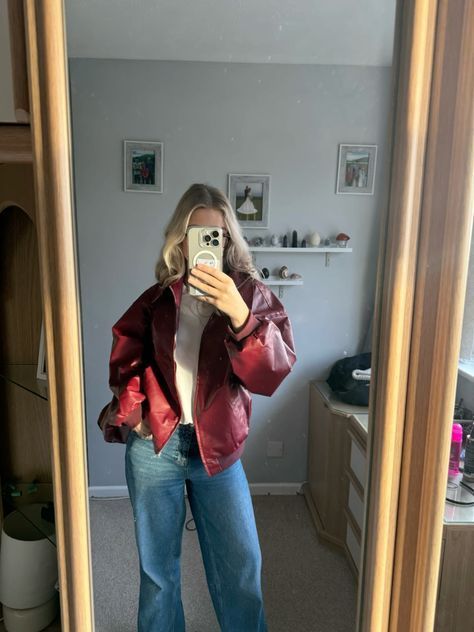 Outfit Ideas With Red Jacket, Cherry Fall Outfit, Cherry Red Autumn Outfits, Outfit Ideas Red Jacket, Red Dress Outfit With Jacket, Outfits With Red Jacket Winter, Faux Leather Jacket Outfit Winter, Red Jacket Fall Outfit, Red Leather Jacket Outfit Casual