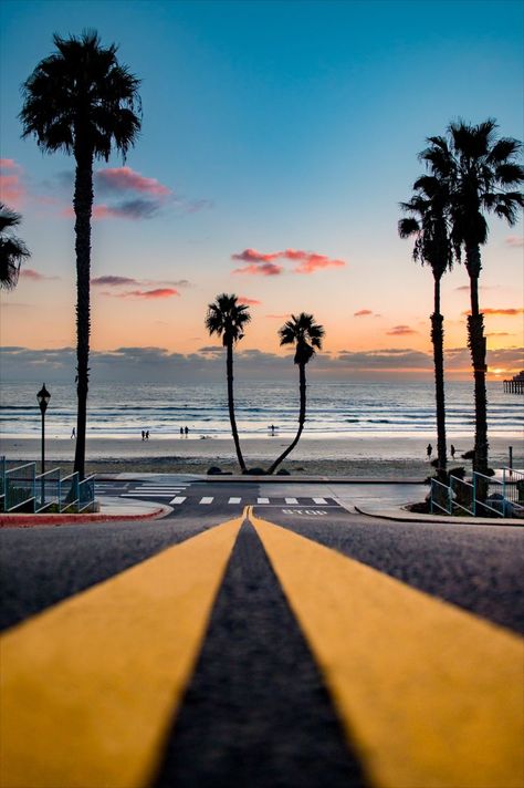 The Strand at Oceanside California! Those sunset views through the palm trees! That pier on the beach! Oceanside California Aesthetic, California Beach Tattoo, California Sunset Aesthetic, Southern California Aesthetic, California Beach Aesthetic, Omega Nebula, Beach Phone Wallpaper, Beach With Palm Trees, California Wallpaper