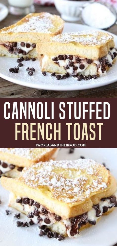 This Cannoli-Stuffed French Toast is definitely indulgent and perfect for an Easter breakfast. There's creamy ricotta filling sandwiched between slices of French bread. Plus, there are chocolate chips on the recipe! You won't regret saving this pin! Recipes Potluck, French Toast Stuffed, Ricotta Filling, Stuffed French Toast, Easter Breakfast, Cinnamon French Toast, French Toast Easy, French Toast Bake, French Toast Recipe