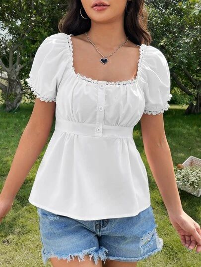 SHEIN EZwear Lace Trim Button Half Placket Blouse | SHEIN USA White Puff Sleeve Top, Blouse Peplum, White Flowy Top, White Peplum Tops, Modest Tops, Fashion Top Outfits, Peplum Shirts, Quick Outfits, Easy Trendy Outfits