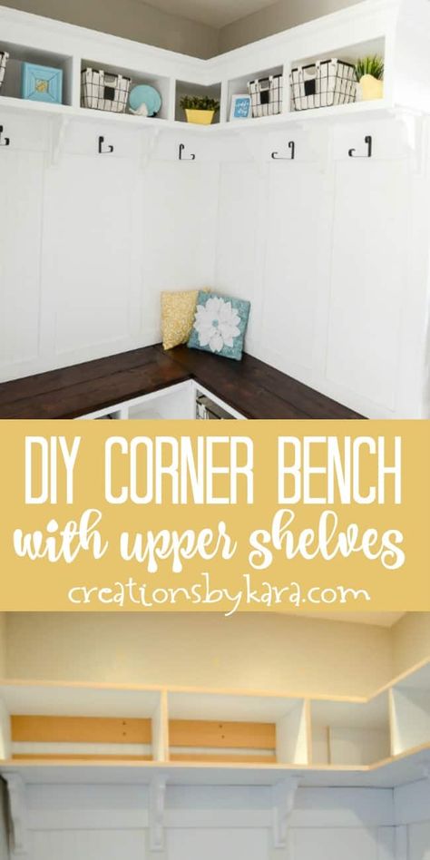 DIY Corner Bench with Cubbies - Improve your mudroom or laundry room with added storage - build a corner bench with cubbies. Add upper storage shelves for even more function! #mudroombench #cornerbench #diycornerbench #mudroomshelves Corner Mudroom Bench, Diy Nook Bench, Corner Mudroom, Mudroom Shelves, Diy Corner Bench, Diy Nook, Bench With Cubbies, Nook Bench, Corner Storage Shelves