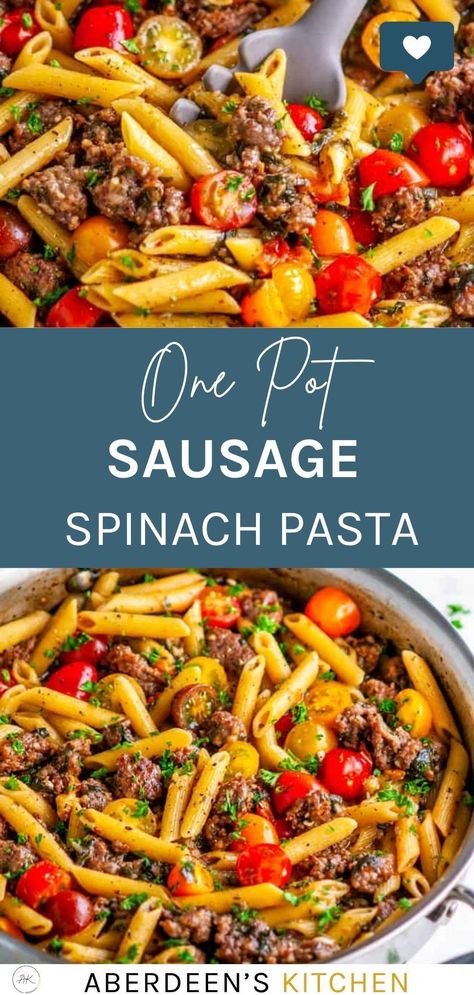 You will love this One Pot Sausage Spinach Pasta - First, and most obviously, it's in one pot. The ultimate win. You cook the pasta right in the skillet with the sausage and veggies!Two, it takes less than 30 minutes. Quick and easy!Third, it's delicious. Sausage Pasta Recipes Easy, One Pot Sausage Pasta, One Pot Sausage, Mascarpone Sauce, Sausage Pasta Recipe, Sausage Spinach Pasta, Easy Pasta Dinner Recipes, Easy Fast Dinner Recipes, Fast Easy Dinner