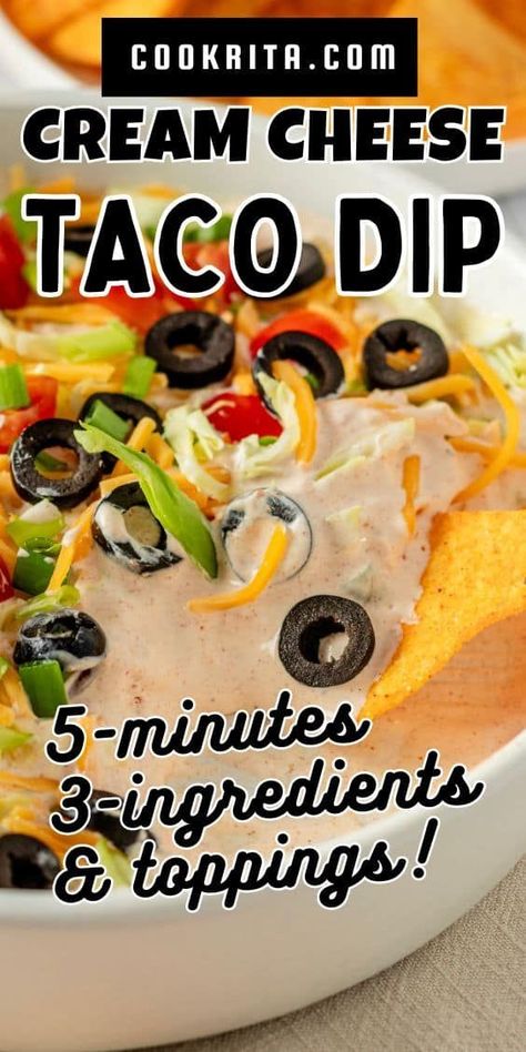 This Taco Dip with cream cheese is a quick, meatless crowd-pleaser! It's ready in just 5 minutes with only 3 main ingredients and your favorite toppings. This kind of dip is perfect for parties, holidays, movie nights, or game-day get-togethers! Taco Dip Recipe With Cream Cheese, 3 Ingredient Taco Dip, Dips To Go With Taco Bar, No Meat Taco Dip, Keto Taco Dip With Cream Cheese, Taco Dip With Cream Cheese And Hormel Chili, Taco Dip For Party, No Bake Taco Dip, Easy Shareable Dips