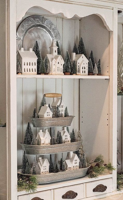 White Hutch, Hutch Decor, Christmas Tray, Christmas Village Houses, Christmas Villages, Winter Home Decor, Farmhouse Christmas Decor, Decoration Inspiration, Village Houses