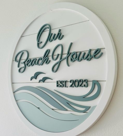 " Our Beach House" Custom Sign - Add your Family Name, the year and any special information that you would like! Please add your wording in the comments section Signs measure 20" diameter are white background with soft spa blue hues and are made to order 4-5 weeks PLEASE NOTE : There are no returns on custom pieces Beach Address Signs, Beach House Exterior Wall Art, Beach Theme Fireplace, Beach House Exterior Decor, Beach Vacation Home Decor, Welcome Sign Front Door Nautical, Black White Beach House, Beach House Mood Board Coastal Style, Cottage Signs Ideas