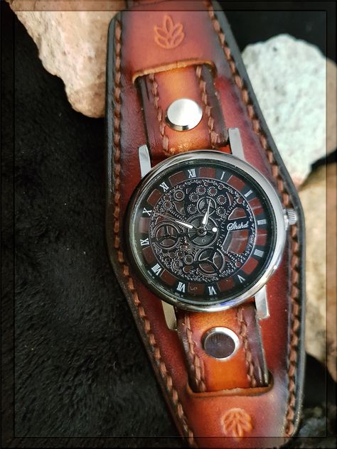 Leather Watch Cuff, Steampunk Watch, Cuff Watch, Metal Accents, Leather Projects, Women Wrist Watch, Leather Cuffs, Handcrafted Leather, Wrist Watches