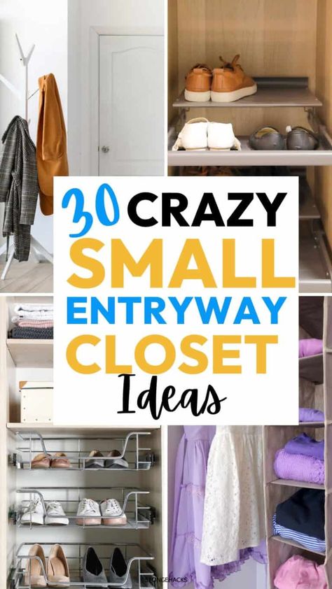 Coat And Storage Closet Ideas, No Closet Front Entrance, Entrance Way Closet Ideas, Mini Mudroom Entryway Closet, Shallow Coat Closet Ideas, Deep Hallway Closet Organization, Coat Closet Into Shoe Closet, Front Closet Organization Ideas, Transform Closet Into Mudroom