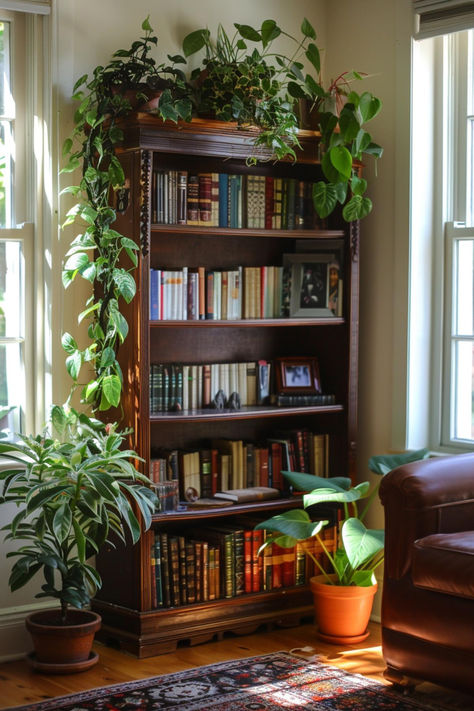 40 Rustic Cottagecore Decor Designs for a Natural Aesthetic Cottagecore Living Room Furniture, Vintage Book Shelf Ideas, Cottagecore Bookshelf Aesthetic, Forestcore Home Decor, Home Decor Ideas Eclectic, Eclectic Earthy Decor, Decorate Bookshelf Ideas, Book Shelves In Living Room Small Spaces, Nature Inspired Room Decor