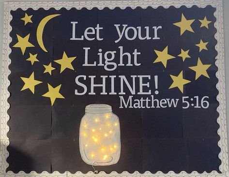 Shine Bulletin Board Ideas, Let Your Light Shine Trunk Or Treat, Christmas Vbs, Christian School Bulletin Boards, Catholic Bulletin Boards, Awana Ideas, Sunday School Classroom Decor, Bible Bulletin Boards, Winter Sunday