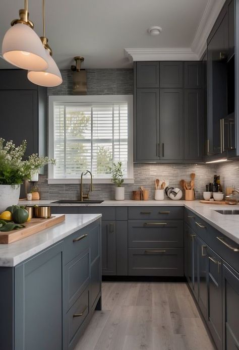 35 Gray Kitchen Cabinets That'll Transform Your Space Ash Gray Kitchen Cabinets, Grey Walls House Interior, Grey Cabinets Kitchen Decor, Mid Grey Kitchen Cabinets, White Upper Cabinets Gray Lower, Grey Kitchen Cabinets With Dark Counters, Grey And Gold Kitchen Cabinets, Pretty Kitchen Cabinet Colors, Gray Cabinets With Gray Walls