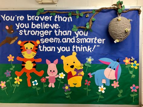 Winnie the Pooh bulletin board Winnie The Pooh Ra Bulletin Boards, Winnie The Pooh Door Decorations, Winnie The Pooh Classroom Door, Winnie The Pooh Classroom Decorations, Disney Back To School Bulletin Boards, Disney Classroom Bulletin Boards, Bulletin Board Ideas Disney, Disney Themed Bulletin Boards, Daycare Bulletin Board Ideas