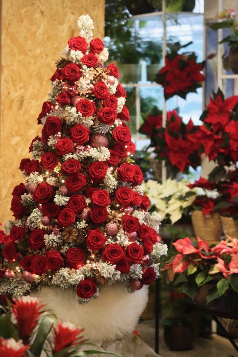 She gives us something exceptionally special this season, a Christmas tree decorated with Porta Nova Red Naomi roses. The Christmas tree is the most favourite centrepiece decoration in many Finnish homes, a perfect combination with delicious and traditional Christmas food to create a warm and cozy Christmas ambience. Red Flower Christmas Tree, Christmas Tree Bouquet, Roses On Christmas Tree, Christmas Tree With Roses, Christmas Tree With Flowers, Roses Christmas Tree, Christmas Tree Floral, Rose Christmas Tree, Christmas Ambience