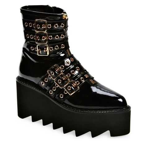 A Bold Platform Sole Intensifies The Modern Edge Of This Buckle-Embellished Platform-Leather Bootie. 3" Heel; 2" Platform Leather Upper And Lining/Synthetic Sole Imported Style Tags: Punk, Goth, Cosplay, Metal, Lug Sole, Funky, Designer Jeffery Campbell Boots, Goth Cosplay, Chunky Combat Boots, White Combat Boots, Suede Combat Boots, Pink Cowboy Boots, Jeffrey Campbell Boots, Lug Sole Boots, Patent Leather Boots