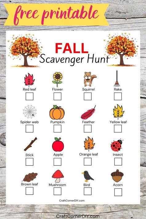 Fall scavenger hunt Fall Activity For Kids, Nature Walk Scavenger Hunt, Preschool Scavenger Hunt, Thanksgiving Scavenger Hunt, Fall Scavenger Hunt, Cub Scout Activities, Halloween Scavenger Hunt, Free Printable Crafts, Kids Fall Crafts