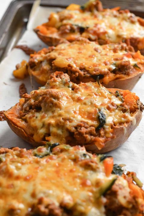 Easy Weeknight Turkey Stuffed Sweet Potatoes - Nourished by Nic Stuffed Sweet Potatoes, Easy Turkey, Potato Skins, Ground Turkey Recipes, Sweet Potato Recipes, Ground Turkey, Sweet Potatoes, Turkey Recipes, Weeknight Meals