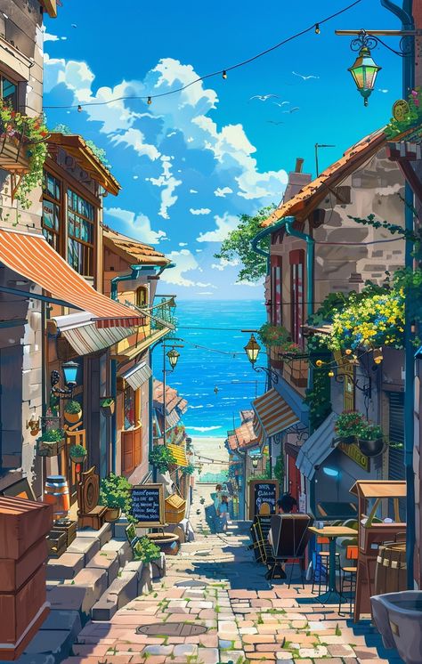 a street to the beach, small town, small shops on the two sides, some lanterns, there are musician playing voilin and accordion on the street, russian style architectures, rocky road, miyazaki hayao art style, blue sky, symmetrical layout with strong sense of depth --v 6 Beach Town Fantasy Art, Town Art Drawing, Small Town Painting, Small Town Illustration, Miyazaki Hayao Art, Hayao Miyazaki Aesthetic, Sense Of Place Art, Roads Illustration, Coastal Town Aesthetic