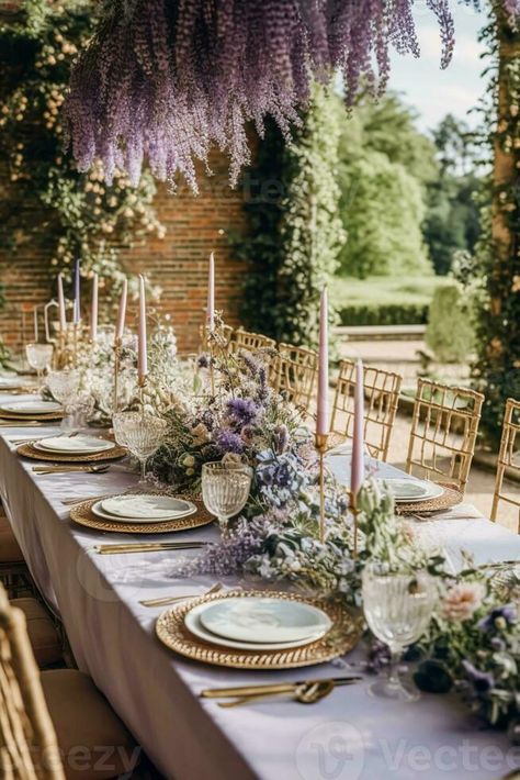 Dried Lavender Centerpiece Wedding, Lilac And Sage Table Setting, Lavender And Green Wedding Decorations, Formal Wedding Place Settings, Wedding Table Purple, Enchanted Garden Wedding Reception, Purple And Green Table Setting, European Garden Party Wedding, French Wedding Table Setting