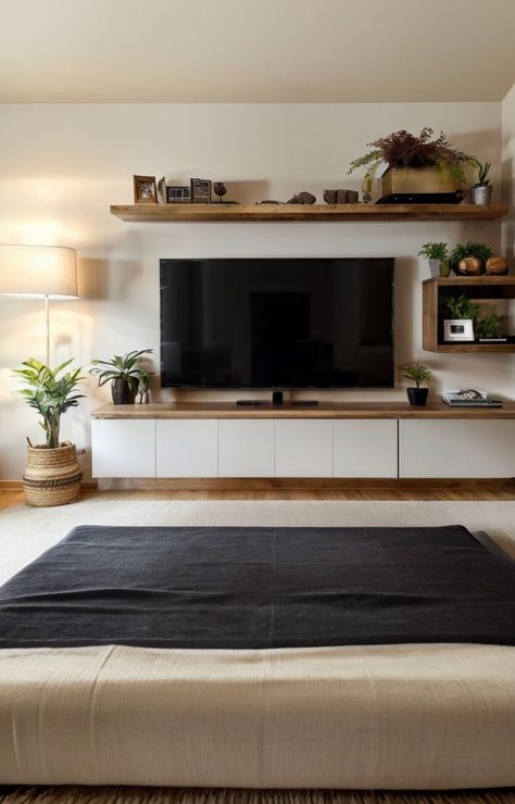 Decorating Around Mounted Tv Wall, Tv Wall With Floating Shelves Mounted Tv, Long Shelf Under Tv, Under Tv Mount Ideas, Tv Shelving Ideas Tv Walls, Tv Long Wall Ideas, Tv On Floating Shelf, Shelves On Tv Wall, Shelf On Top Of Tv