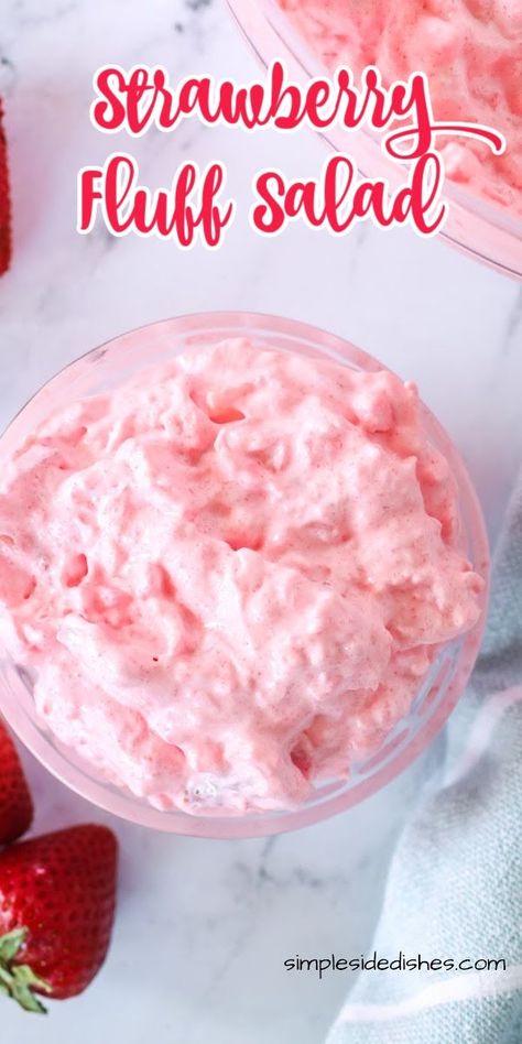 Strawberry Fluff Salad is fast, easy, colorful, and tasty that it will surprise you how often you come back for more of the tasty pink fluff! #strawberryfluffsalad #wiltedstrawberries #freshstrawberries #strawberryfluff #strawberryjellofluff #strawberryfluffrecipe #simplesidedishes #strawberrypinkfluff #easystrawberryfluff #cottagecheesefluff Whip Cream And Jello Dessert, Jello With Whipped Cream Recipes, Strawberry Whip Cream Dessert, Strawberry Jello Whipped Cream Dessert, Strawberry Pineapple Jello Salad, Strawberry Dream Whip Dessert, Strawberry Pineapple Dessert, Coolwhip Jello Fluff, Whipped Jello Dessert