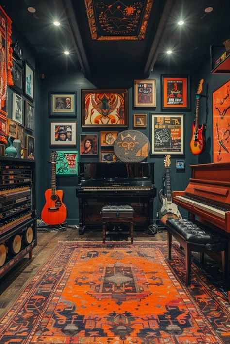 Musical Haven Band Practice Room Ideas, Jam Room Ideas Music Studios, Eclectic Music Room, Music Memorabilia Display Ideas, In Home Music Studio, Green Music Room, Aesthetic Music Room, Home Recording Studio Design, Small Music Studio