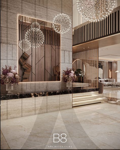 Villa Marina / Interior Design - B8 Architecture and Design Studio Open Lobby Design, Luxury Lobby Design, Foyer Interior, Modern Arabic Interior, B8 Architecture, Lobby Designs, Arabic Interior Design, Neoclassical Interior Design, Villa Interior Design