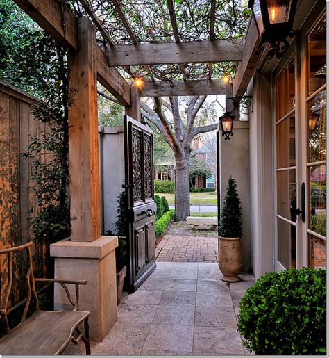 Zero lot lines.  VERY narrow spaces between houses.  You could build a pergola from your house – reaching almost to the brick wall.  This would leave space for a bed where you could plant vines and box. Narrow Side Yard, Side Yard Landscaping, Side Yards, Dry Creek, Design Exterior, Side Yard, The Fence, Outdoor Rooms, Outdoor Design