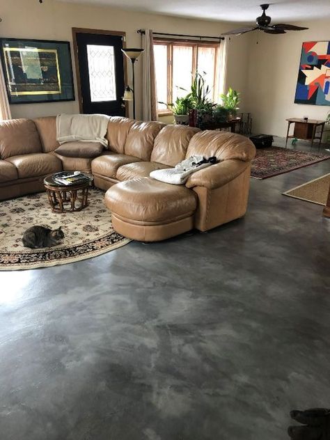 Concrete Stained Floors Living Room, Cement Stained Floors, Stained Concrete Floors Marble Look, Stained Gray Concrete Floors, Floor Painting Ideas Concrete Basement, Stamped Concrete Living Room Floor, Concrete Room Ideas, Cement Indoor Floors, Modern Stained Concrete Floors