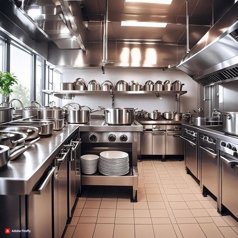 Photo stainless steel restaurant kitchen | Premium Photo #Freepik #photo Stainless Steel Restaurant Kitchen, Open Concept Restaurant Kitchen, Industrial Kitchen Restaurant, Restaurant Kitchen Aesthetic, Commercial Kitchen Design Restaurants, Industrial Kitchen Design Restaurant, Industrial Kitchen Design Stainless Steel, Small Kitchen Restaurant, Live Kitchen Restaurant